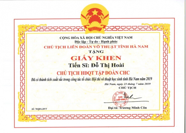 BẰNG KHEN VÕ THUẬT HÀ NAM 2019